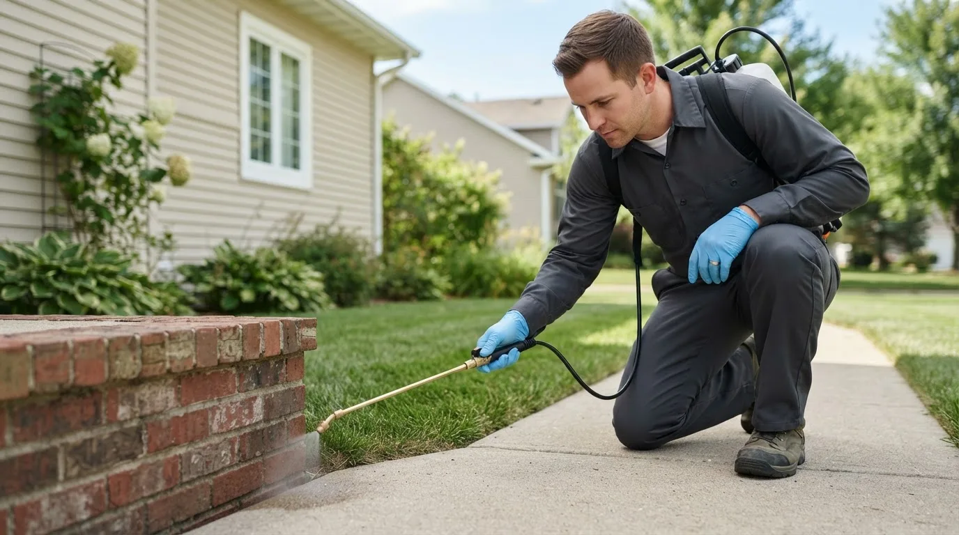 Pest control technician treating a home near Emporia, VA